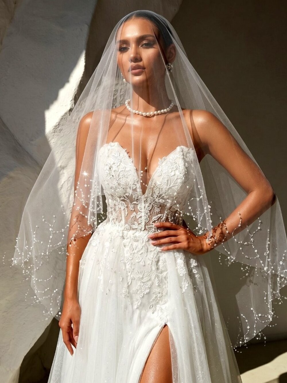 ✨ Beaded Fingertip Wedding Veil - Tulle with Comb ✨